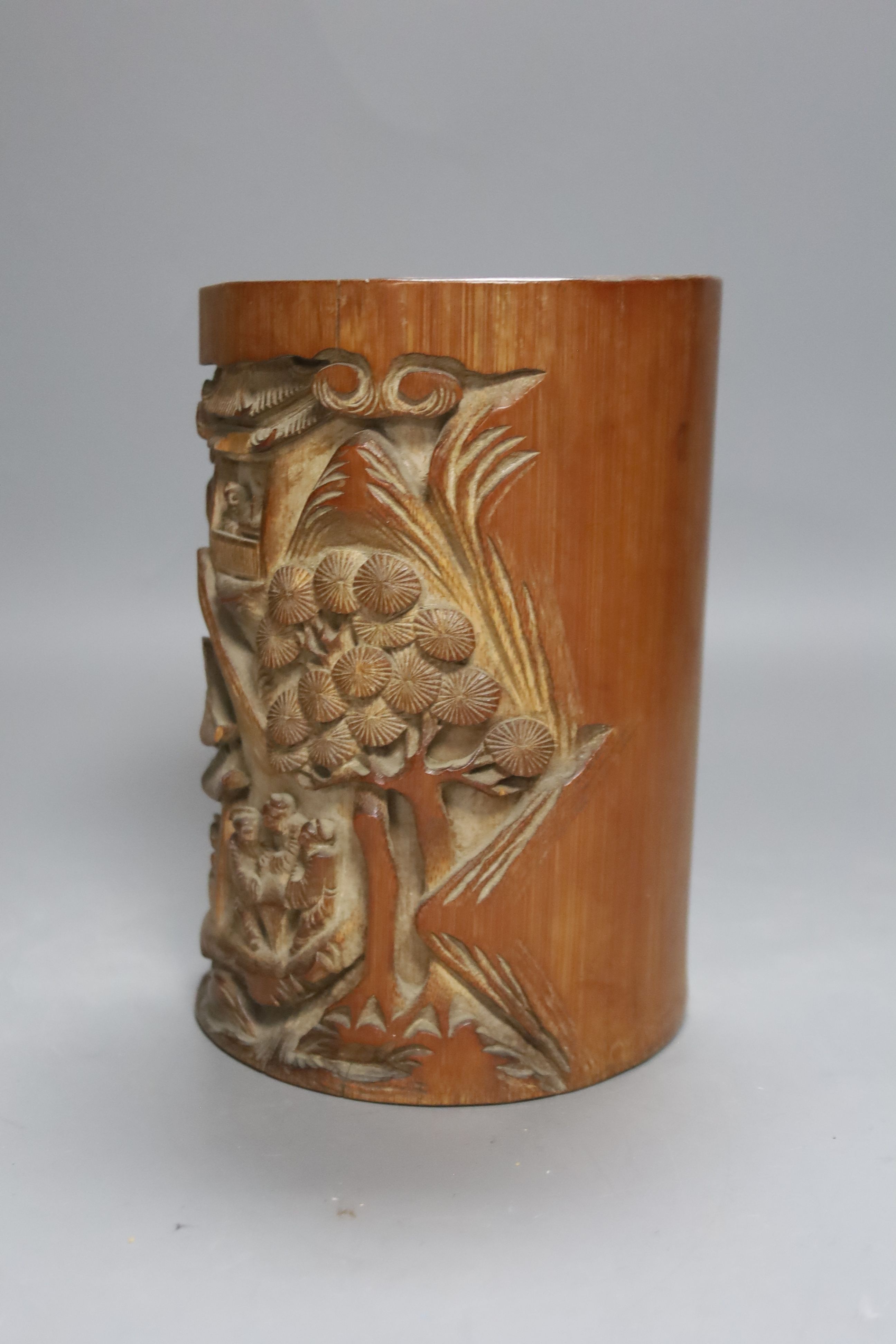 Assortment of Chinese items, bamboo brush pot, coins and photos etc.